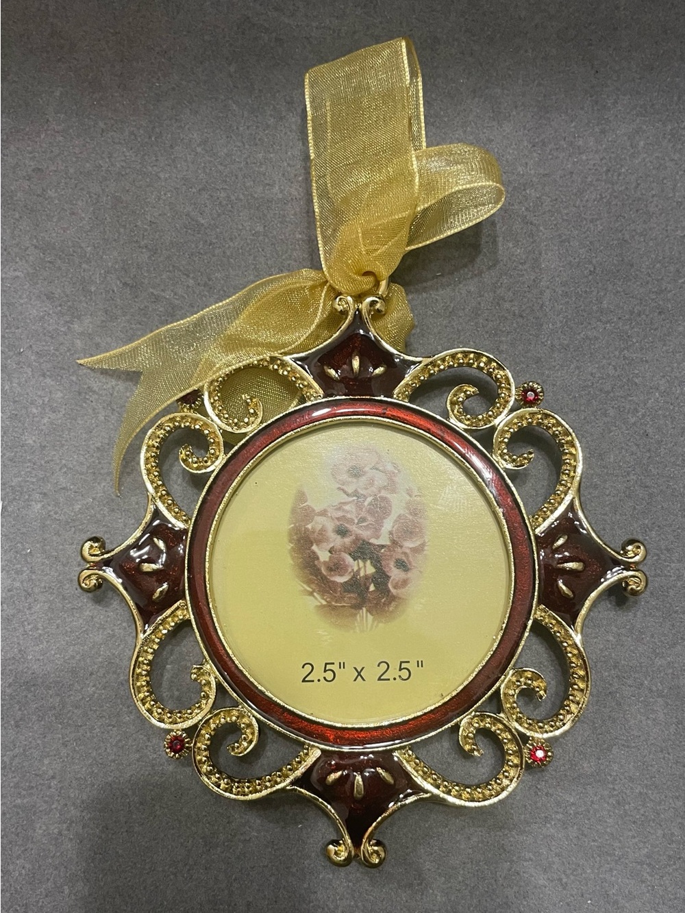 Ornate Gold and Burgundy Colored Round Hanging Photo Frame